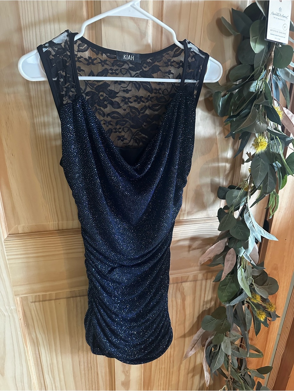 Navy Sparkle Lace-Back Ruched Mini Dress
